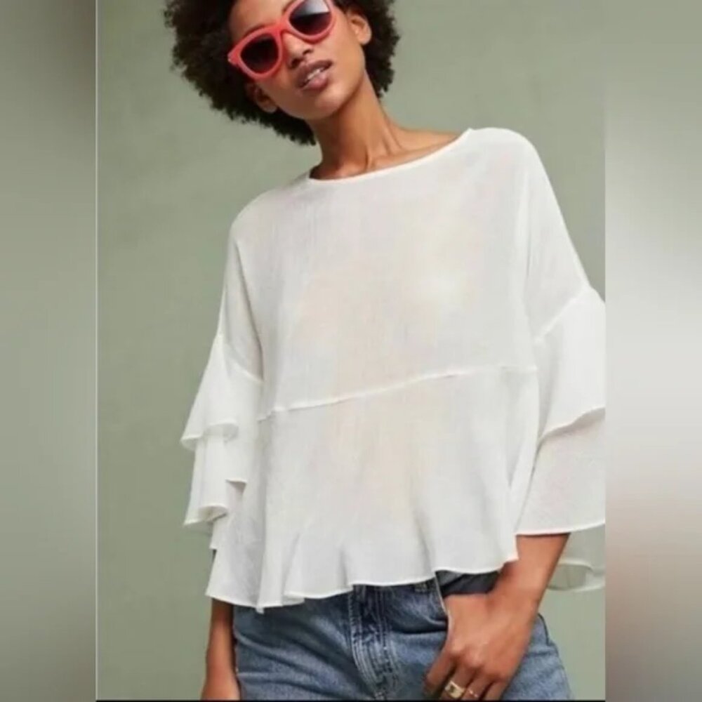 Eri & Ali Flutter Tier Sleeve White Casual Women  Flowy Breathable Spring Top M